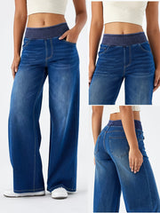 Women's High-Waisted Stretch Wide-Leg Jeans - Elastic Waist Denim Pants with Water-Washed Texture