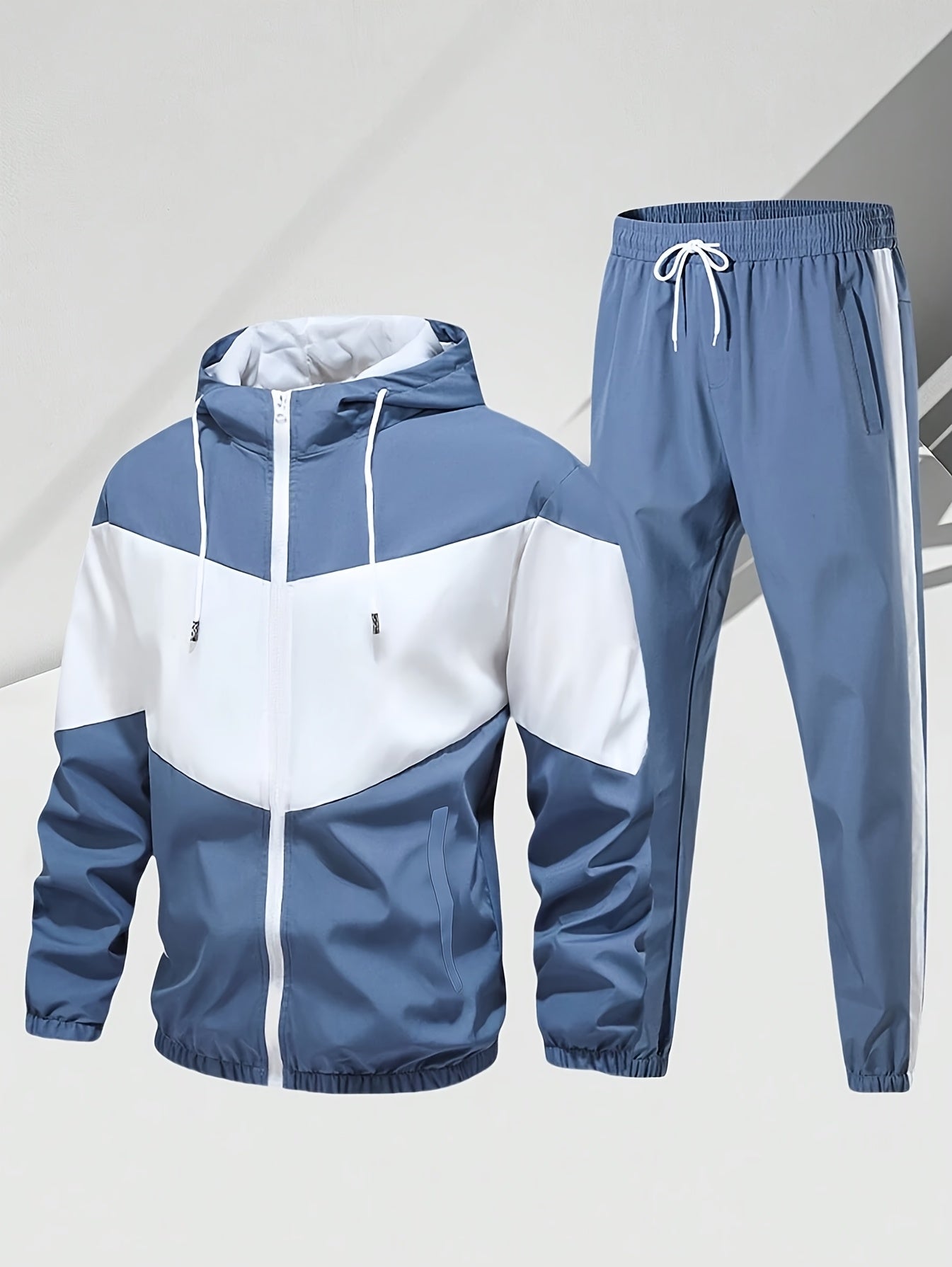 Men'S Casual 2pcs Athletic Set Unisex Couple All-Season Spring Autumn Loose Color-Block Athletic Outfit Hooded Sweater Zip-Up Jacket Long Sleeve Outerwear Long Pants Jogging Trousers Gym Workout Running Outdoor Set Elastic Pants Hoodie Top And Botto