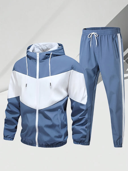 Men'S Casual 2pcs Athletic Set Unisex Couple All-Season Spring Autumn Loose Color-Block Athletic Outfit Hooded Sweater Zip-Up Jacket Long Sleeve Outerwear Long Pants Jogging Trousers Gym Workout Running Outdoor Set Elastic Pants Hoodie Top And Botto