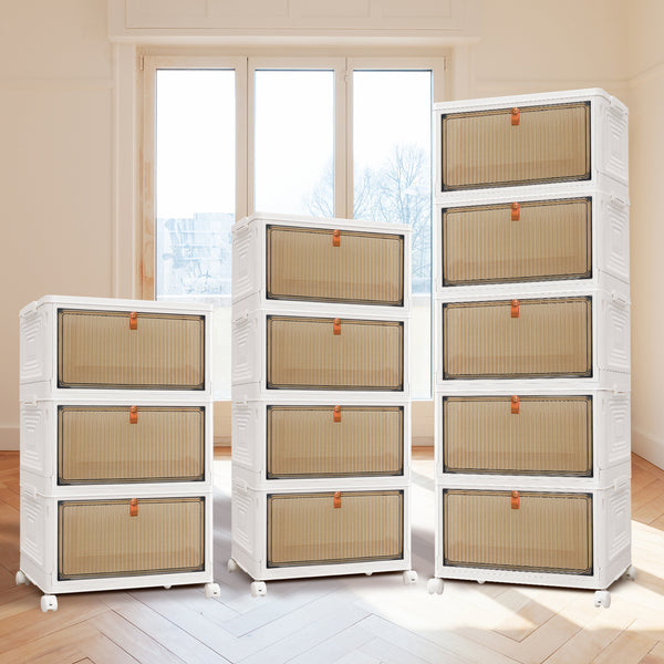 Storage Boxes with Lid - 3/4/5 Tier Plastic Storage Box with Lid, Stackable Storage Boxes with Wheels, Storage Drawers with Front Door, Plastic Box for Home and Office, White