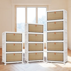 Storage Boxes with Lid - 3/4/5 Tier Plastic Storage Box with Lid, Stackable Storage Boxes with Wheels, Storage Drawers with Front Door, Plastic Box for Home and Office, White