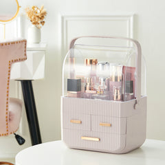 3-Tier Pink Jewelry Storage Box with Protective Lids, Plastic Makeup Organizer Features Multi-Drawer System, Desktop Display Case 24.6x18.6x35.3cm Perfect for Organizing Lipsticks, Cosmetics and Jewelry Pieces on Bathroom Counter and Dresser Top