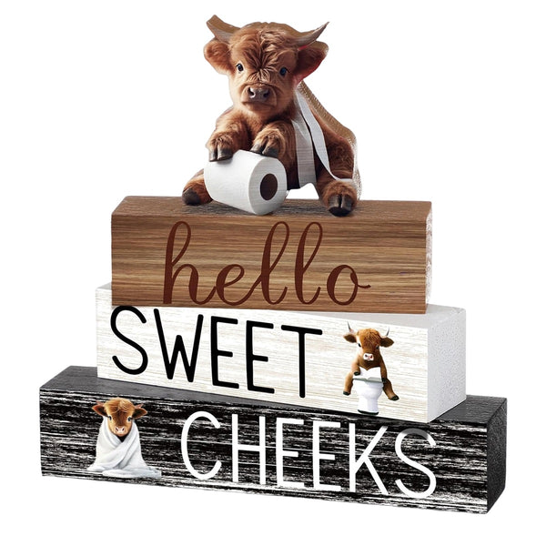 4pcs Wooden Highland (Cattle) Decor - 3 Rustic Scottish Figurines, Animal Blocks for Farmhouse Shelf, Tabletop, or Scottish-Themed Room Décor - Multi- Scottish Cattle Blocks