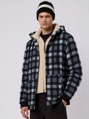 Men's Heavyweight -Lined Hooded Jacket - Full-Zip Plaid Thickened Shirt with Pockets and Adjustable Drawstring, Comfortable and Warm for Autumn and Winter