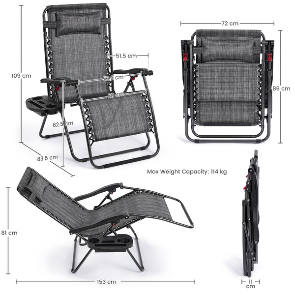 Costoffs 2PCS Zero Gravity Chair Foldable Patio Chair Outdoor, 65cm/72cm Lounge Camping Chair with Unfixed Padded Pillow/Armrest/Footrest, Black/Beige/Grey/Navy Blue for Outdoor Use Only