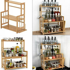 3 Tier Wooden Spice Rack Knife Holder Kitchen Organiser Shelf Stand Adjustable