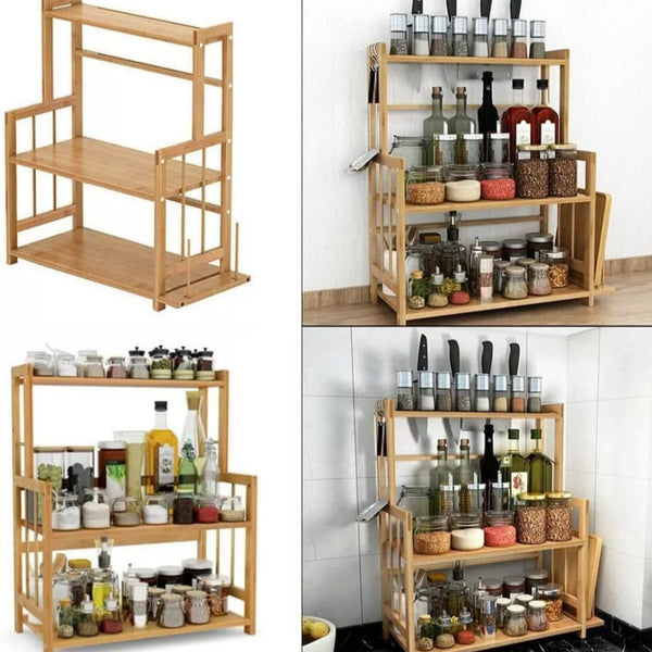 3 Tier Wooden Spice Rack Knife Holder Kitchen Organiser Shelf Stand Adjustable