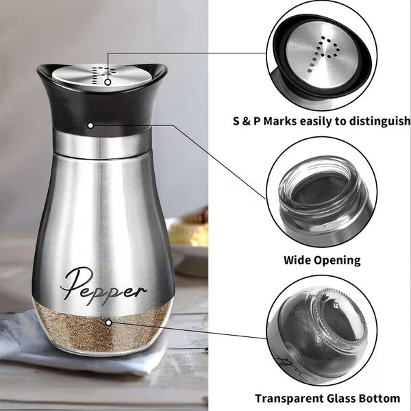 4-piece set (2 bottles + 2 caps) of adorable glass salt and pepper shakers. 4 oz (approx. 113.4g) glass salt and pepper shakers with stainless steel caps, suitable for kitchen dining tables, RVs, camping, and BBQs. Condiment bottles, salt and pepper shake