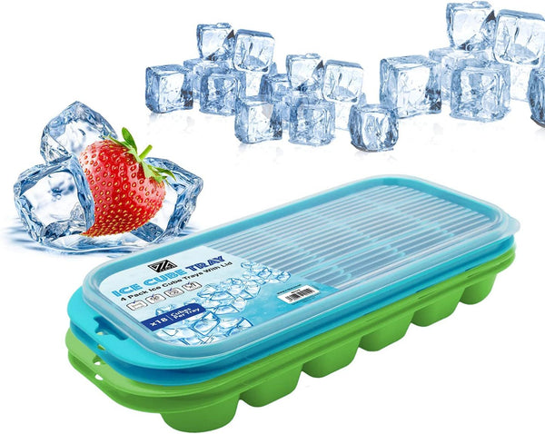 4 x Set of Ice Cube Tray with Lid Jelly Maker Ice Cube Tray | Non-Spill Stackable Lids - Ice Mould Dishwasher Safe BPA Free- 25.5cm Long, 11.5cm Wide, and 3cm deep