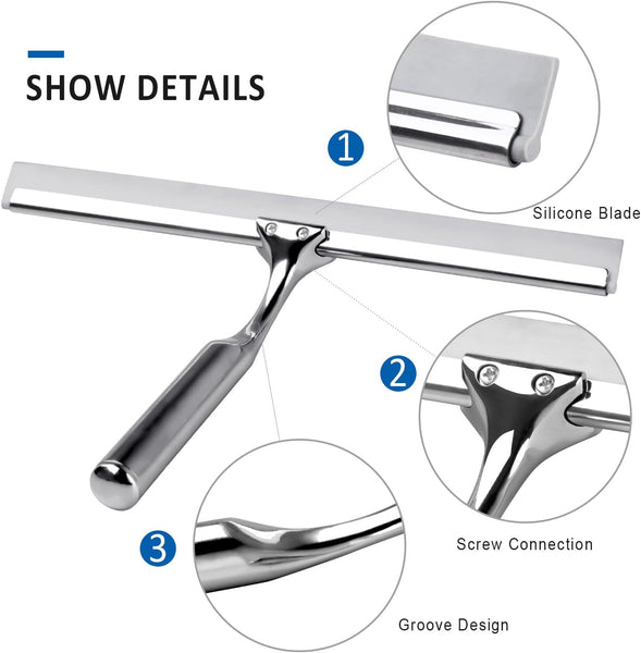 Ulinek Shower Window Squeegee, Stainless Steel Squeegee Shower Wiper Scraper Cleaner with Strong Storage Hook for Bathroom Floor Kitchen Wet Room Mirror Car Window Glass Cleaning