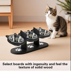 Pet Food Feeding Stand Station Stainless Cat Dog 3* Raised Bowls Wooden Holder