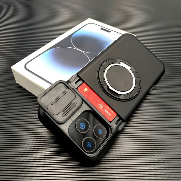 Phone Case - Luxury Armored Phone Case for Iphone 17 Pro Max Sliding Lens Cover Protection 360 Degree Rotating Bracket Card Holder Design Adsorption Car Mount Shockproof Anti Shock Protection Cover