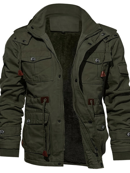 Men's Mid-Length Fleece-Lined Hooded Jacket with Multiple Pockets, Winter Casual Outdoor Workwear Coat