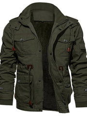 Men's Mid-Length Fleece-Lined Hooded Jacket with Multiple Pockets, Winter Casual Outdoor Workwear Coat