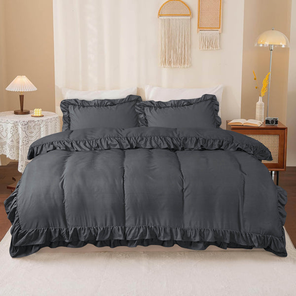 3-Piece Ruffle Frilled Duvet Cover Set – Soft, Comfortable Bedding with Pillowcases, Button Closure, Elegant Layered Design