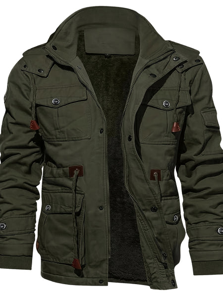 Men's Mid-Length Fleece-Lined Hooded Jacket with Multiple Pockets, Winter Casual Outdoor Workwear Coat