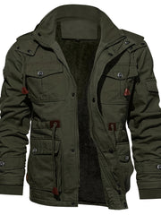 Men's Mid-Length Fleece-Lined Hooded Jacket with Multiple Pockets, Winter Casual Outdoor Workwear Coat