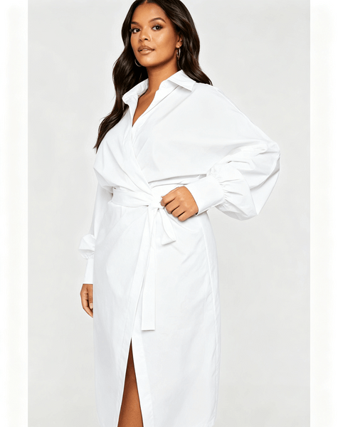 Women Wrap Midi Shirt Dress, Long Sleeve Lapel Side Zip Ruched Split Hem Dresses, Casual Office Party Dress