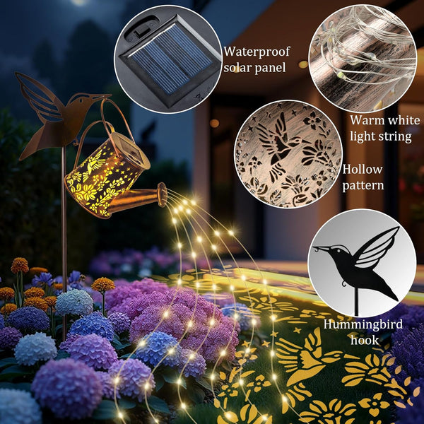 Solar Lights Garden Decorations, LED Watering Can Star Shower Art Light with Hummingbird Bracket, Solar String Lights Waterproof for Garden Patio Yard Pathway Outdoor（Warm White）