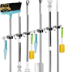 Broom and Mop Holder - Wall Mounted 5 Holders + 4 Hooks with Nails Installation, Stainless Steel, Self Adhesive, Heavy Duty Gripper