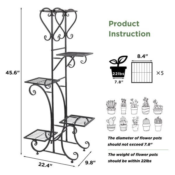 Tall Plant Rack Stand 5 Tiered Metal Plant Shelf Garden Flower Pots Display Holder