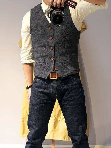 Men'S Vest Wool Blend Herringbone Vintage Men'S Fashion Vest, Groom Best Man Formal Wedding Party Casual Vest