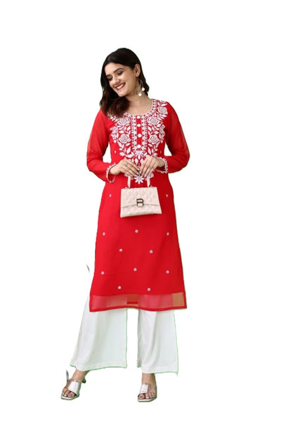 Estationeryhouse Women's Georgette Lucknowi chikankari kurti, Rose Design with Heavy Embroidery, Without Bottom