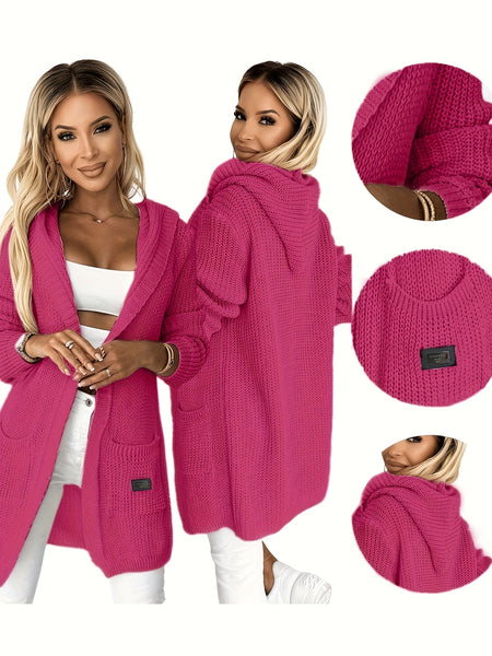 New Women's Autumn/Winter Solid Color Long Sleeve Mid-Length Hooded Pocket Simple Casual Fashion Versatile Daily Wear Sweater Cardigan Jacket