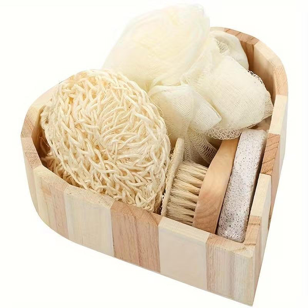 Boxed Heart-Shaped Bath Set - A wooden spa gift kit for bathrooms, featuring a heart-shaped wooden bucket. Includes a loofah, pumice stone, massager, and brush. This natural relaxation and body care kit is ideal for home use and bathroom decoration.