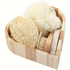 Boxed Heart-Shaped Bath Set - A wooden spa gift kit for bathrooms, featuring a heart-shaped wooden bucket. Includes a loofah, pumice stone, massager, and brush. This natural relaxation and body care kit is ideal for home use and bathroom decoration.
