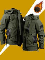 Men's Casual  Set: Warm Fleece-Lined Jacket & Cargo Pants with Zipper Hood - Durable Polyester, Multiple Pockets, Ideal for  & Camping