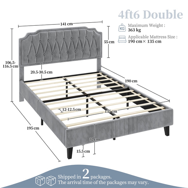 Costoffs Double/King Bed Frame Upholstered Platform Bed with Adjustable Button Tufted Headboard/Velvet Fabric/Mattress Foundation/Sturdy Wooden Slat Support, No Box Spring Needed, Black/Beige/Dark Grey/Light Grey
