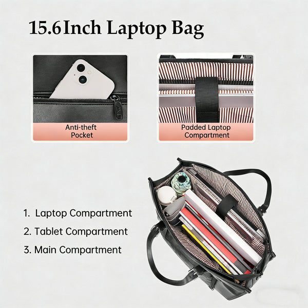 Laptop Tote Bag for Women with Insulated Compartment,Lunch Bag,, 15.6 Inch PU Leather Briefcase Tote, Leakproof Work Handbag with Adjustable Handle, Large Capacity Waterproof Briefcase for School, Multifunctional Office & School Bag, Black