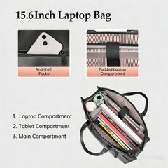 Laptop Tote Bag for Women with Insulated Compartment,Lunch Bag,, 15.6 Inch PU Leather Briefcase Tote, Leakproof Work Handbag with Adjustable Handle, Large Capacity Waterproof Briefcase for School, Multifunctional Office & School Bag, Black