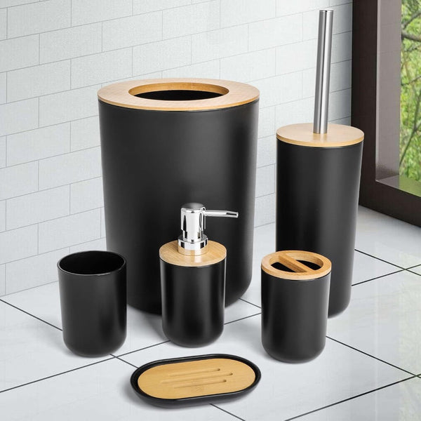 6pc Grey Black White Bathroom Accessories- Bathroom Bin And Toilet Brush Set- Durable Toothbrush Holder Cup- Soap Dispenser With Pump- Soap Dish Holder