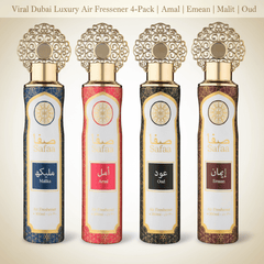 Dubai Luxury Air Freshener Set 4×300 ml — Amal • Emaan • Malika • Oud | Long-Lasting Natural Oil Spray for Home, Kitchen, Office, Car, and Bathroom