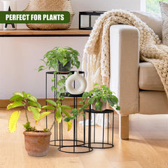 GEEZY Plant Stands Indoor, Set of 3 - Black Round Metal Flower Pot Stand, Aesthetically Pleasing Modern Planter Holders & Decorative Display Rack, Living Room Accessories for Home & Office