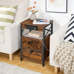 X-shaped Bedside Table with Charging Station | 2 USB Ports, 2 AC Outlets, 2 Drawers, Rustic Brown, 38 x 28 x 60 cm, HOOBRO