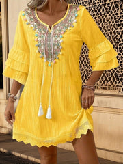 Women's Loose Mini Dress with Ruffle Sleeve & Short Flowy Dress - Solid Color -Line, Machine Washable Suitable for Spring Summer Fall Wedding Guest Dress, Casual Outfits