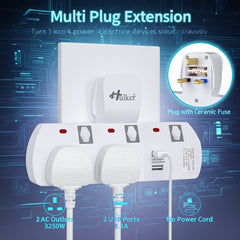 Hulker 3-Way UK Plug Switched Socket with 2 USB | Multi Plug Extension, Wall Plug Adapter, Turn 1 into 3, Surge Protection Power Extension Adapter, British Specification Plug, Operating Voltage 110V/220V