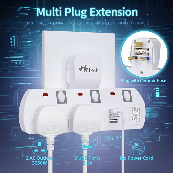 Hulker 3-Way UK Plug Switched Socket with 2 USB | Multi Plug Extension, Wall Plug Adapter, Turn 1 into 3, Surge Protection Power Extension Adapter, British Specification Plug, Operating Voltage 110V/220V