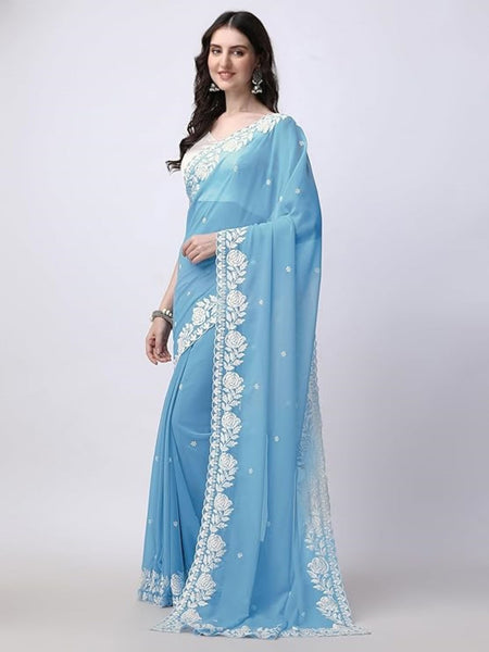 Estationeryhouse Women's Georgette Embroidery Border Work Designer Saree with Blouse Piece