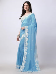 Estationeryhouse Women's Georgette Embroidery Border Work Designer Saree with Blouse Piece