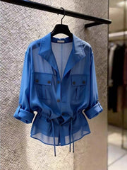 Fashionable Workwear-Style Shirt: Long-Sleeved, Loose-Fitting, New Summer Style,, Waist-Defining, Versatile