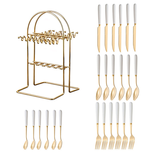 24pcs Stainless Steel Tableware Set with Ceramic Handles, Fork Spoon Set with Utensil Holder, for Home Use/Restaurant, Serves for 6 People