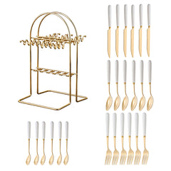 24pcs Stainless Steel Tableware Set with Ceramic Handles, Fork Spoon Set with Utensil Holder, for Home Use/Restaurant, Serves for 6 People