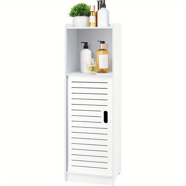 Bathroom Storage Cabinet | White Wood-Plastic Freestanding Organizer | 3-Tier with Slatted Doors & Open Shelf | Space-Saving Design for Bathroom, Kitchen, Bedroom | Modern Minimalist Style, Versatile Cabinet | Slatted Door Design | Woodplastic Material, B