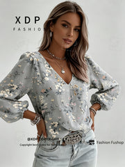 2D Flat Print Retro Western Style Shirt| V-neck Women's Long-sleeved Top with Colorful Small Floral Print, Bohemian Style Lantern Sleeve Design, Machine Washable, Suitable for Casual Attire and Vacations, 2D Flat