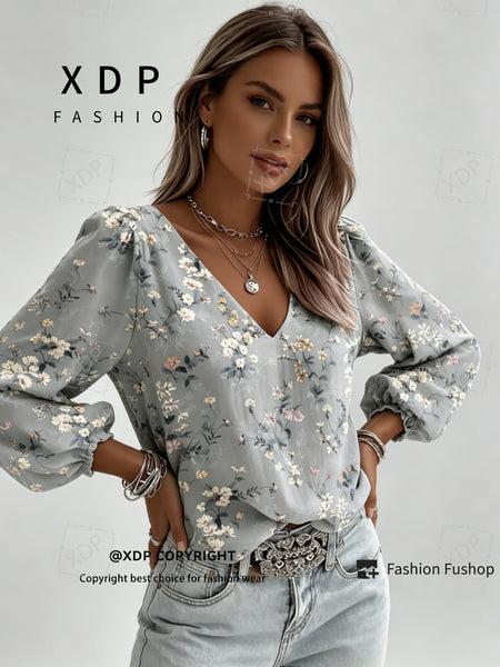 2D Flat Print Retro Western Style Shirt| V-neck Women's Long-sleeved Top with Colorful Small Floral Print, Bohemian Style Lantern Sleeve Design, Machine Washable, Suitable for Casual Attire and Vacations, 2D Flat