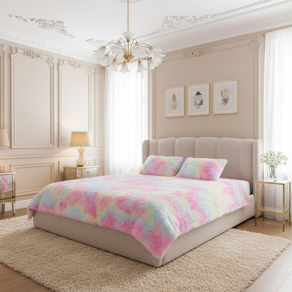 3-Piece Fluffy Tie Dye Duvet Cover Set - Pink Dreamy Princess Style, Romantic Enchanted Glamorous Bedding (1 Duvet + 2 Pillow Shams, No Insert, Easy Care)